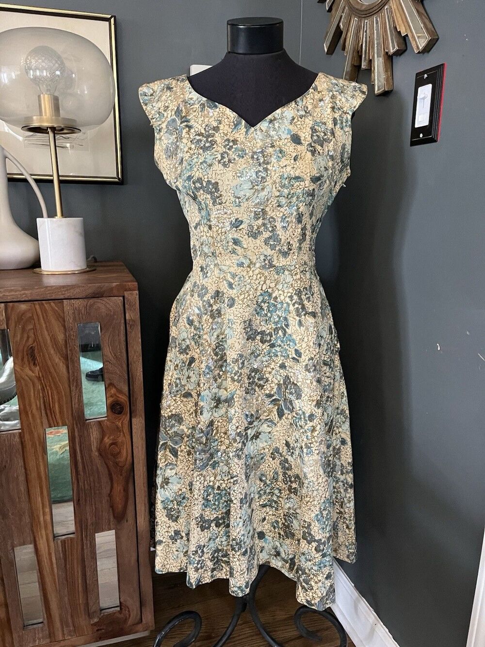 Vintage 1950s Bernetti Rayon Print Fit &Flare Summer Dress Full Skirt Sequins !!